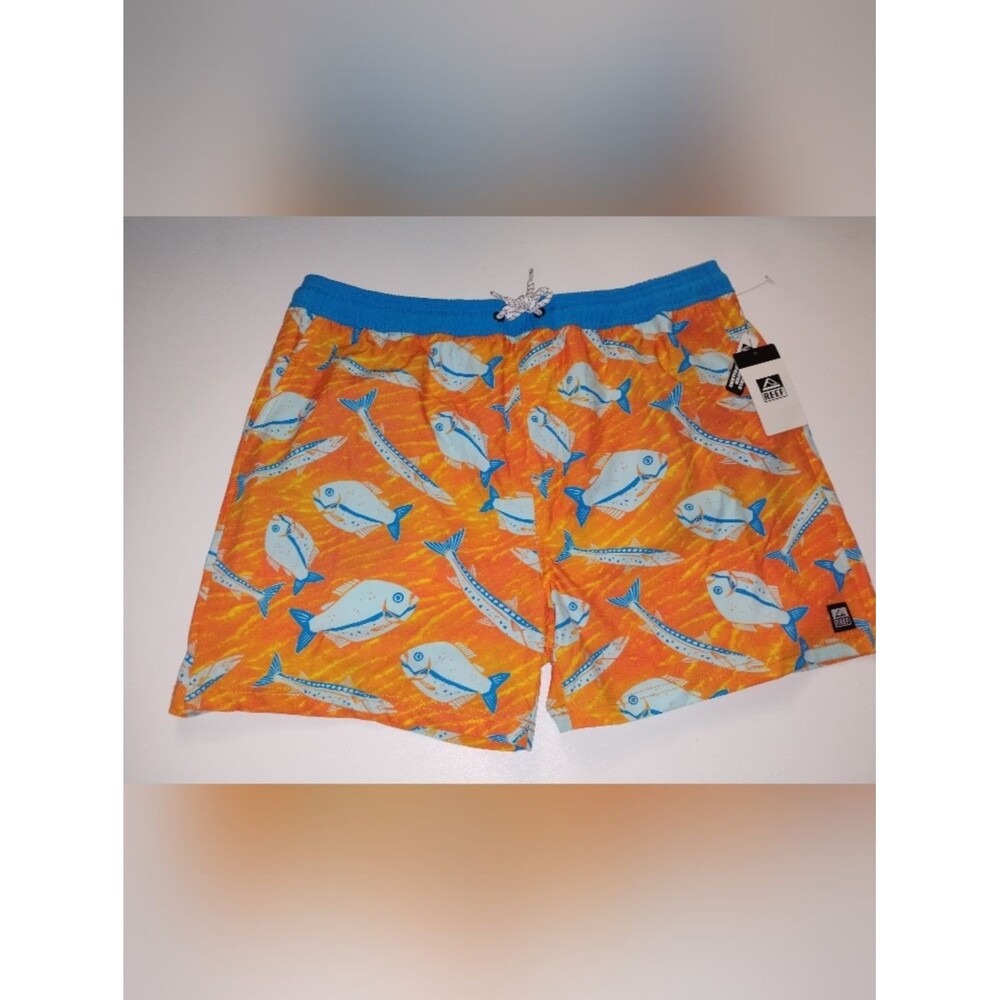 Reef Men's Orange Swim Trunks with Blue Fish Print New Size L